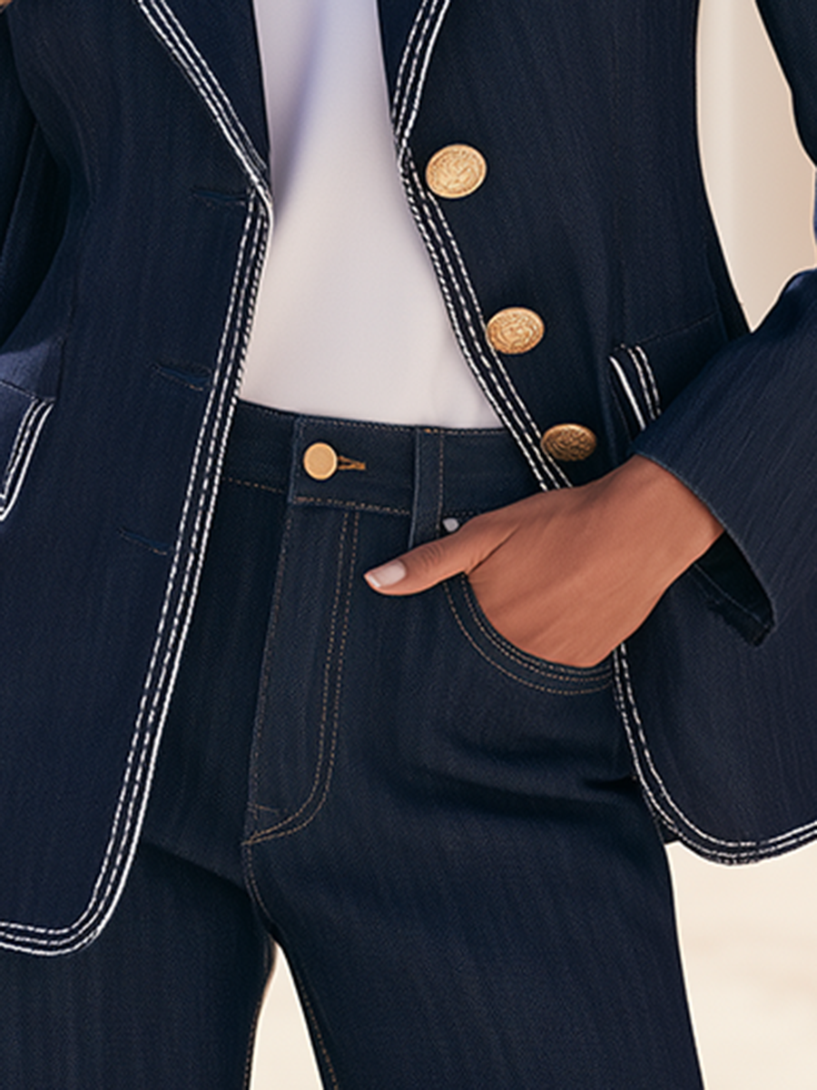 Old Money Contrast Stitch Gold Button Denim Blazer