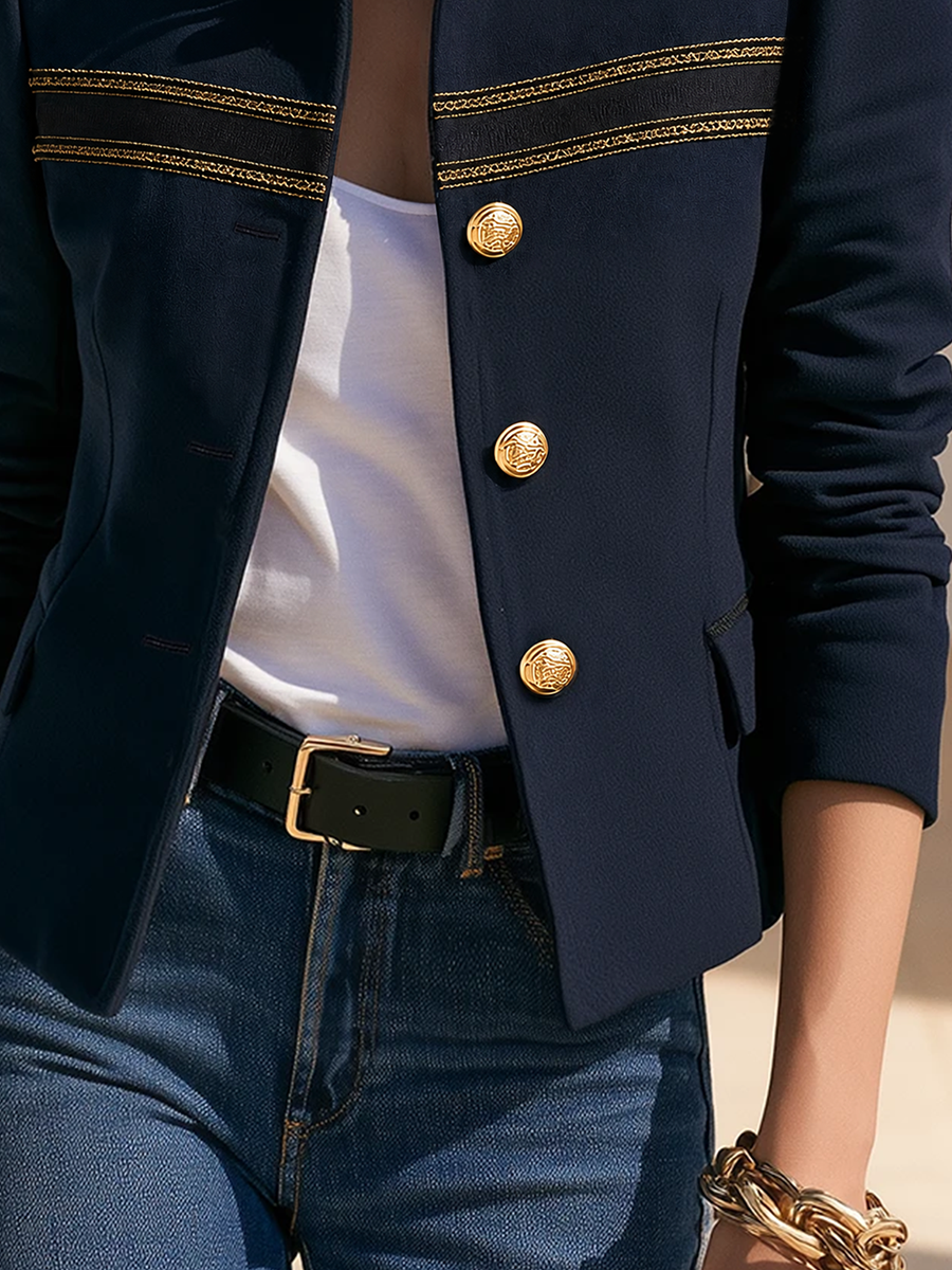 Old Money Gold Ribbon Trim Stand Collar Navy Jacket