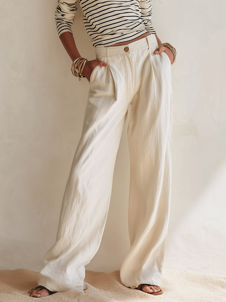 Stylish Black And White Striped Top And Wide-leg Pants Set