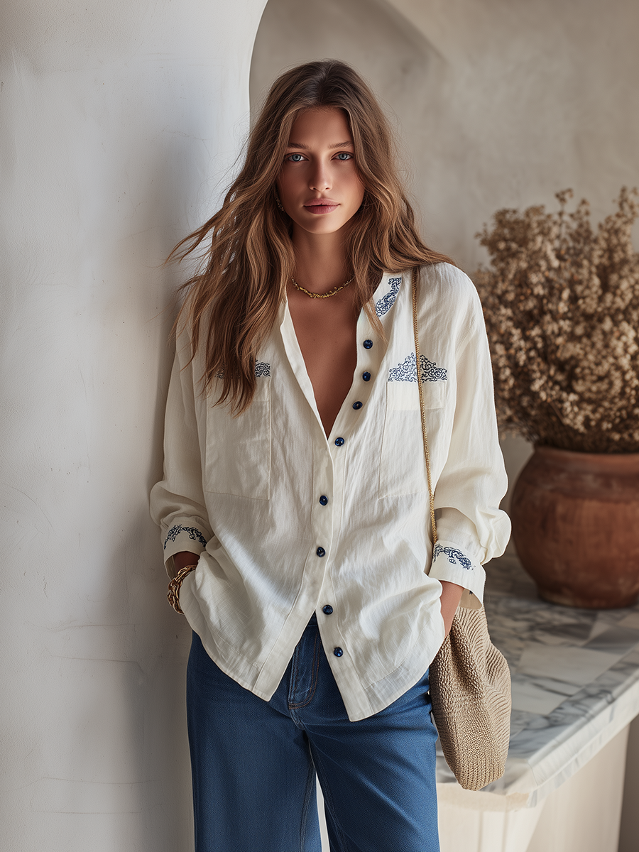 Resort-style V-neck Long-sleeve Embroidered Button-down Shirt