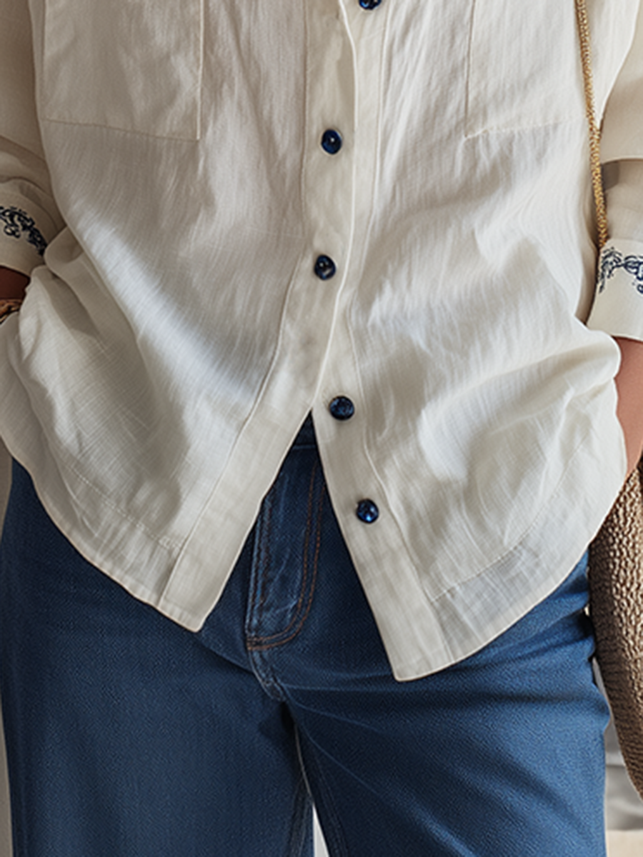 Resort-style V-neck Long-sleeve Embroidered Button-down Shirt