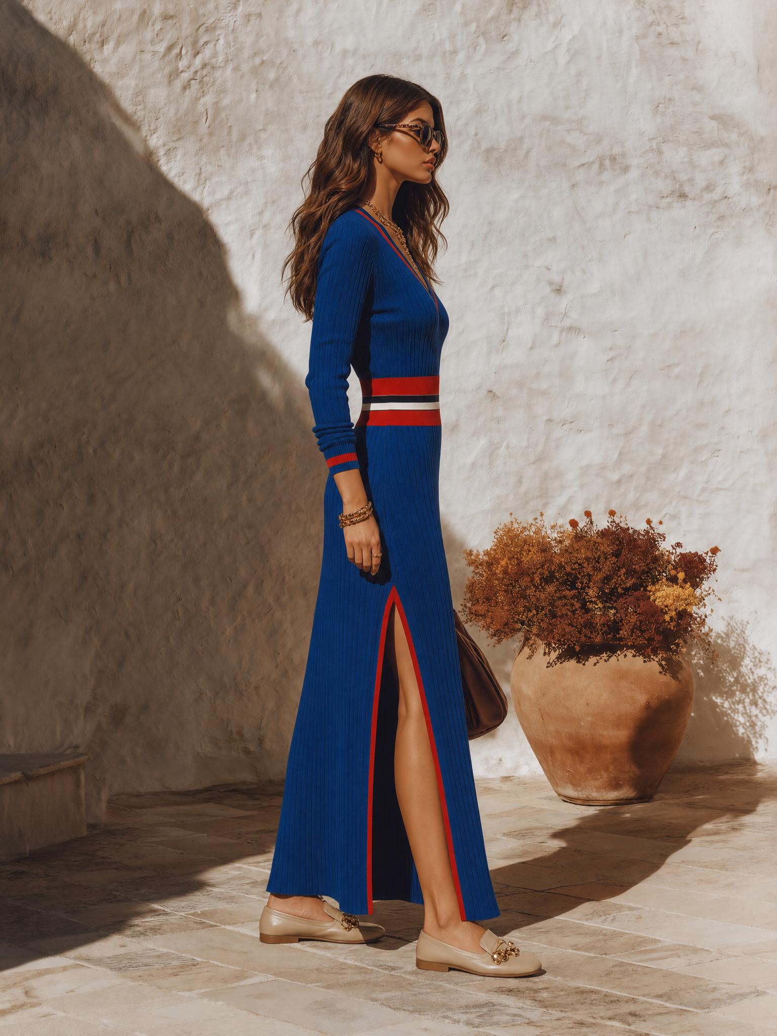 Resort-style V-neck Color-blocked Striped Long-sleeved Maxi Dress