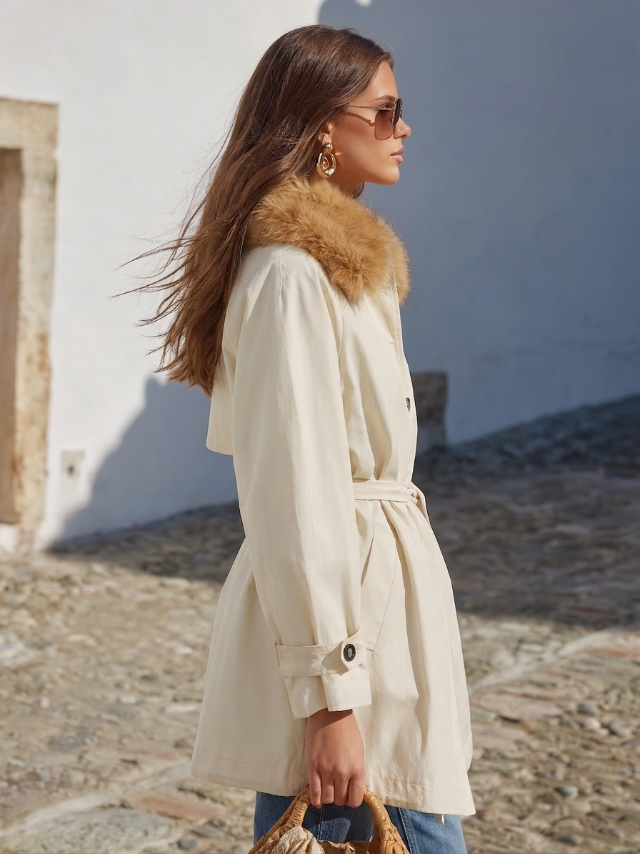 Old Money Casual Vibe Off‑White Faux Fur Collar Belted Mid‑Length Field Coat