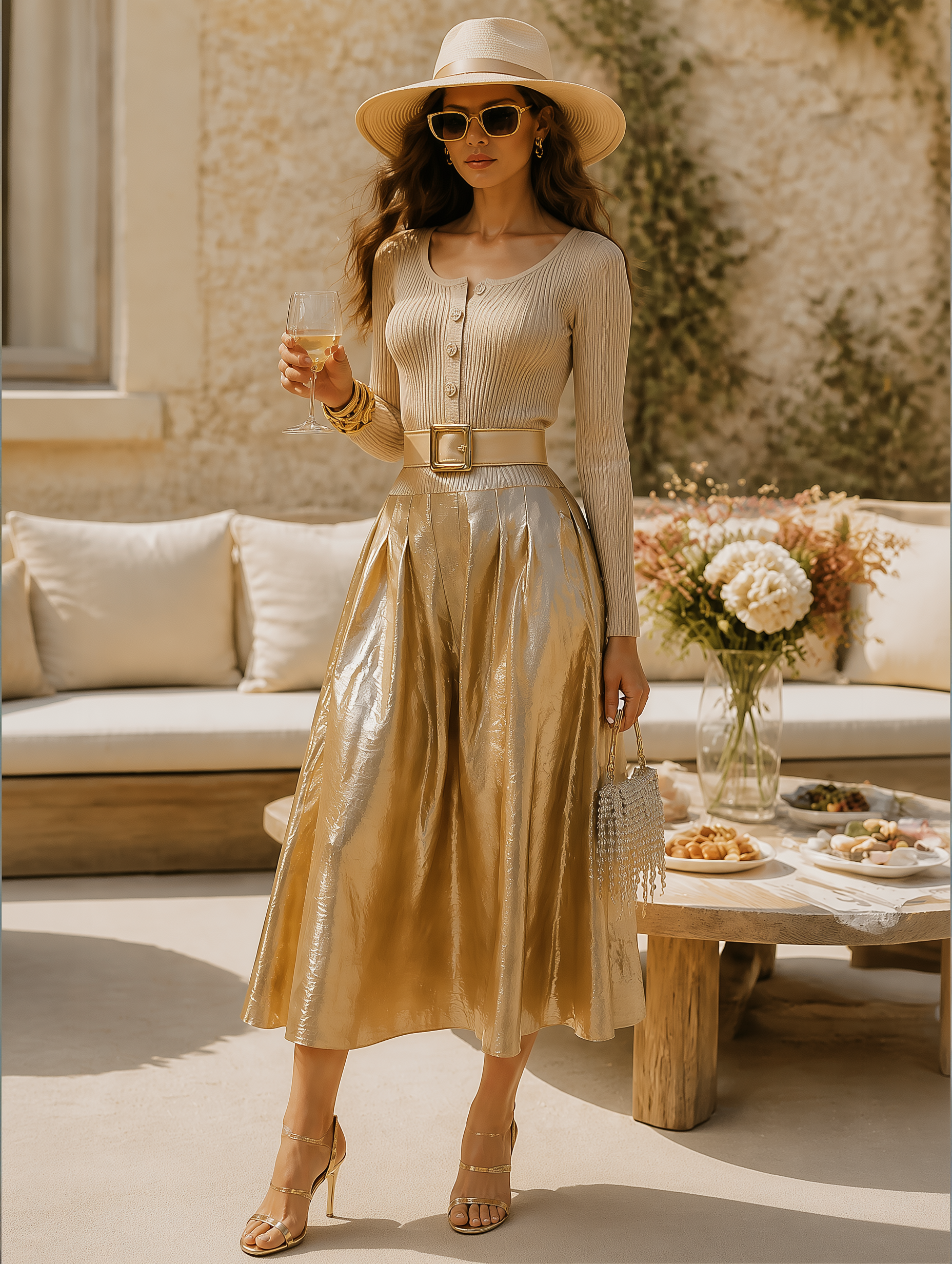 Elegant Dinner Party Metallic Gold Pleated A-Line Midi Dress