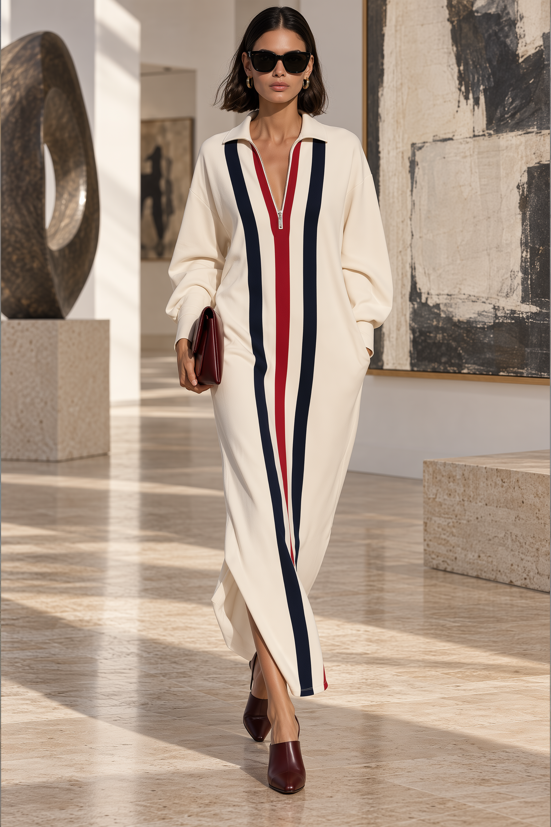 Casual Old Money Red And Blue Striped Off-white Maxi Dress