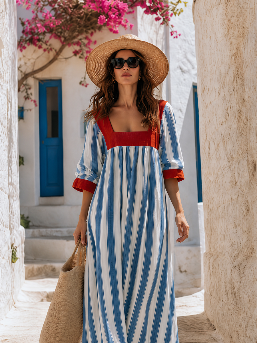 Vacation Linen-Cotton Striped Color Block Long Sleeve Maxi Dress