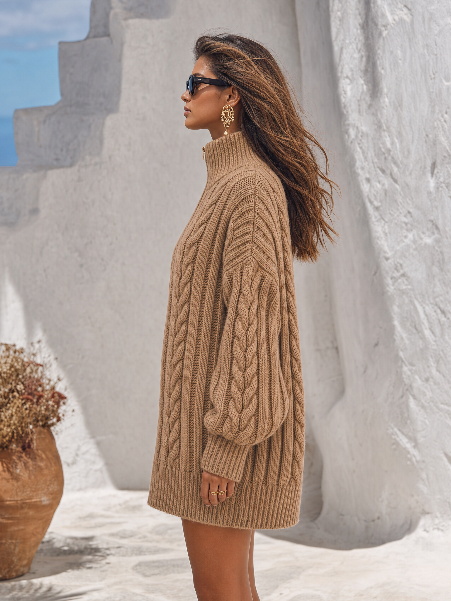 Retro Classic Half-zip Stand Collar Cable Knit Mini Dress