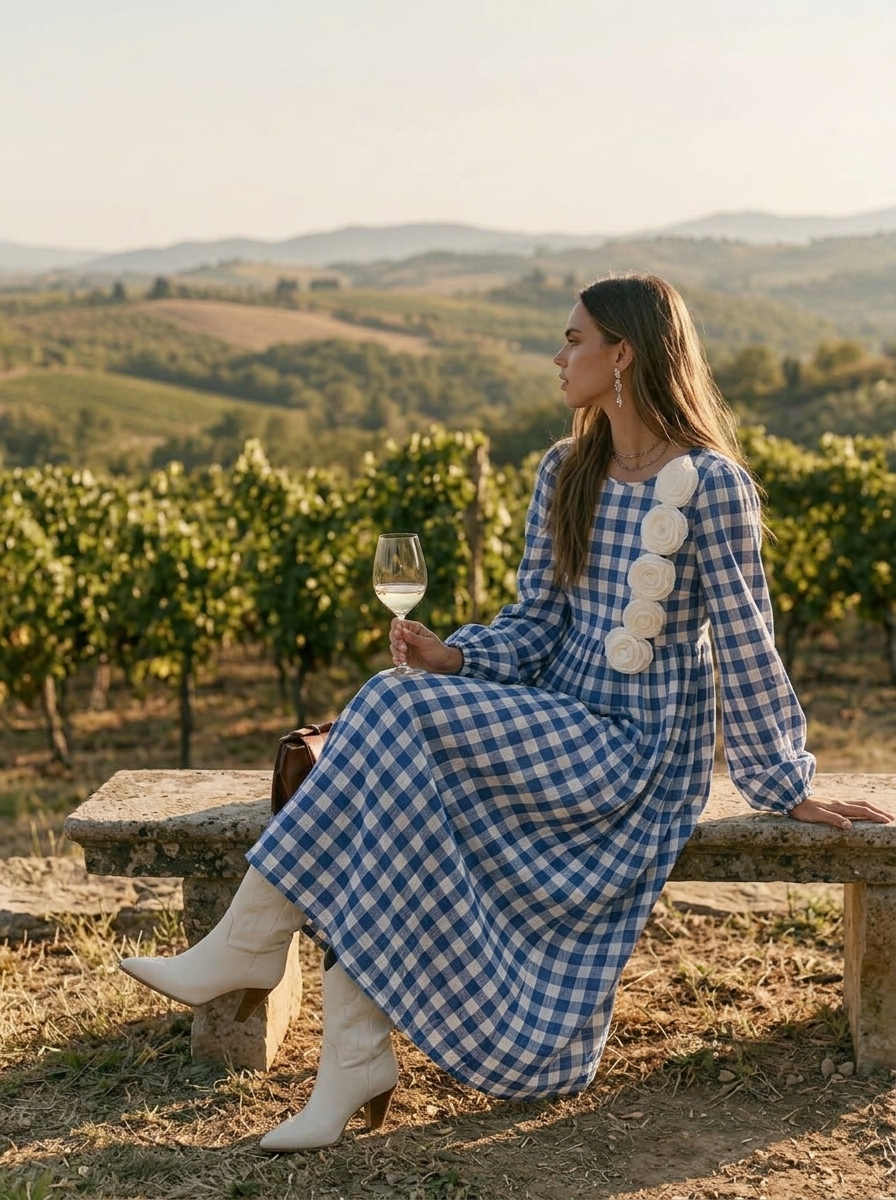 Mediterranean Chic Blue White Gingham Seersucker 3D Floral Applique Long Sleeve Maxi Dress