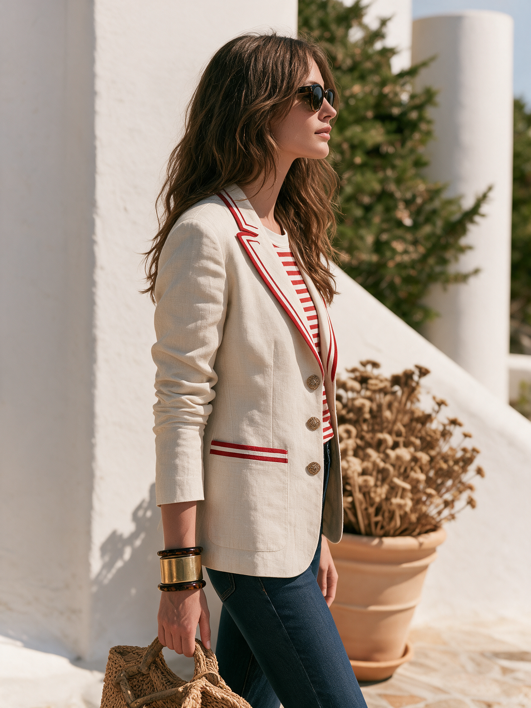 Old Money Contrasting Trim Beige Blazer