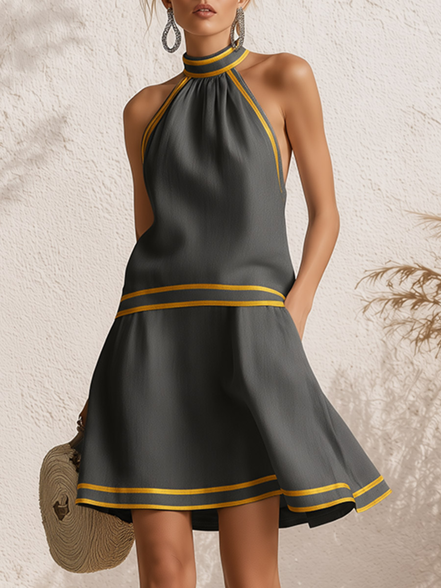 Elegant Color-Block Trim Orange Cotton-Linen Halter Sleeveless Mini Dress