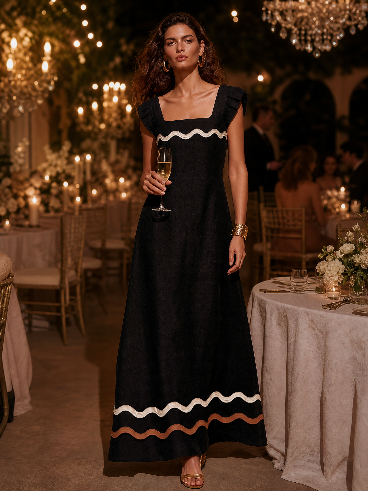 Resort-Style Contrasting Wave Trim Black Cotton-Linen Maxi Dress