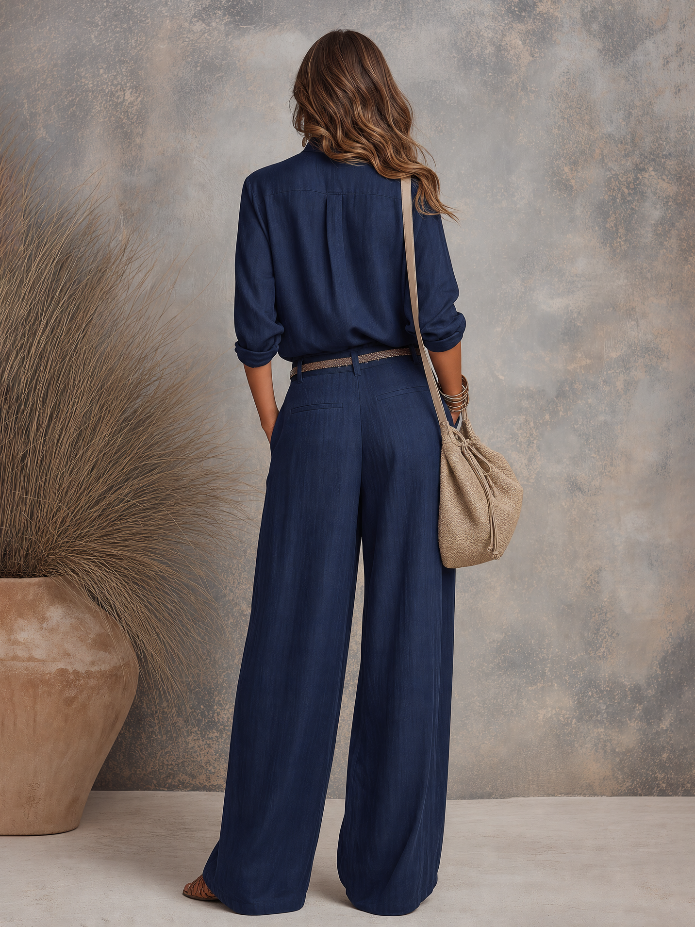 Retro-style High-end Elegant Half-open Long-sleeved Shirt And Wide-leg Trousers Set