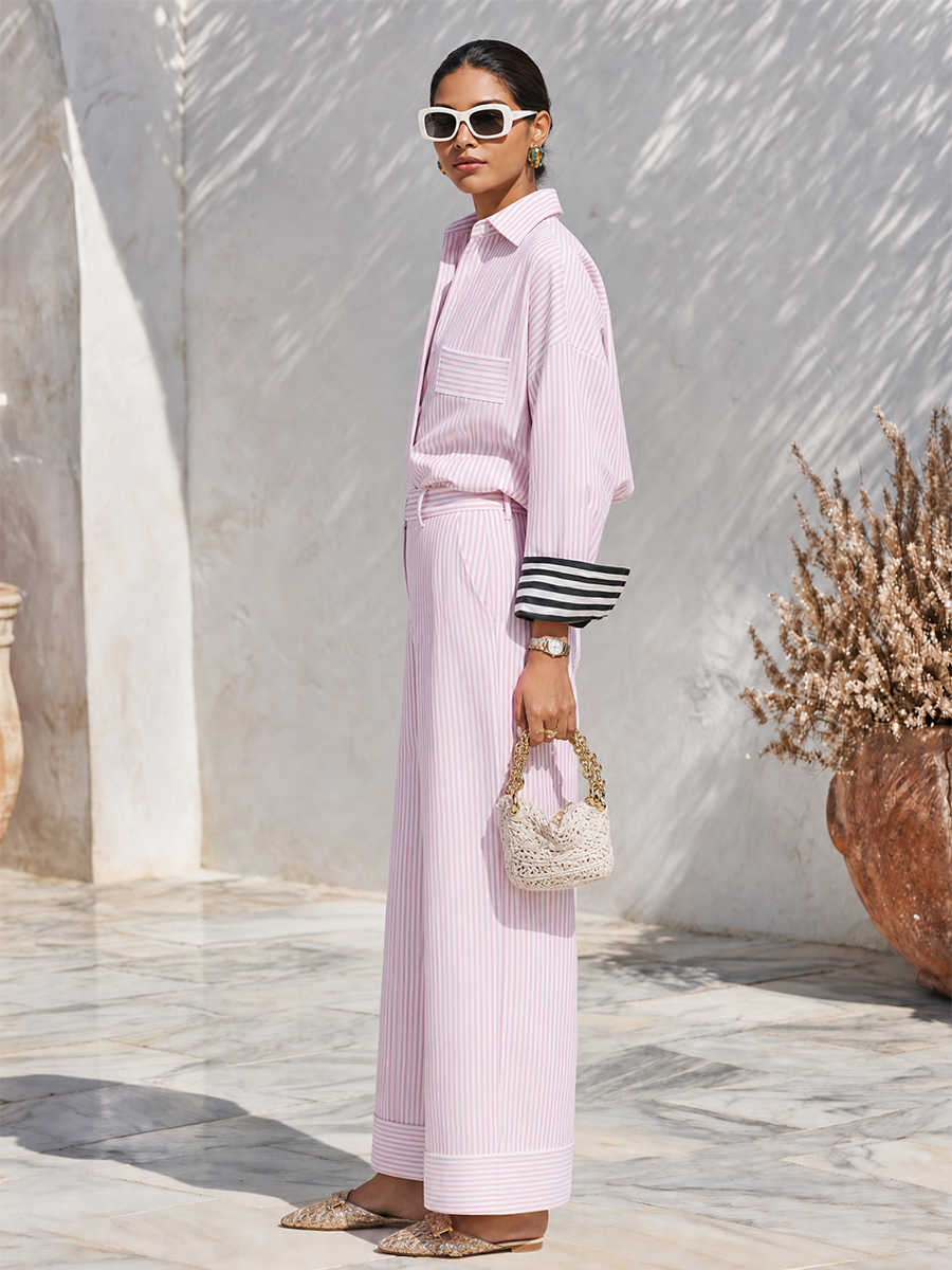 Resort-style Collared Long-sleeved Color-blocked Striped Cuff Top And Trousers Set