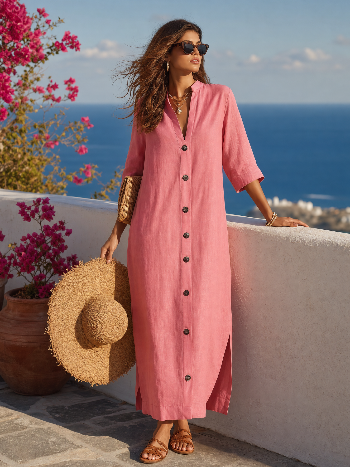 High-end Elegant Stand-up Collar Solid Color Three-quarter Sleeves Midi Shirt Dress