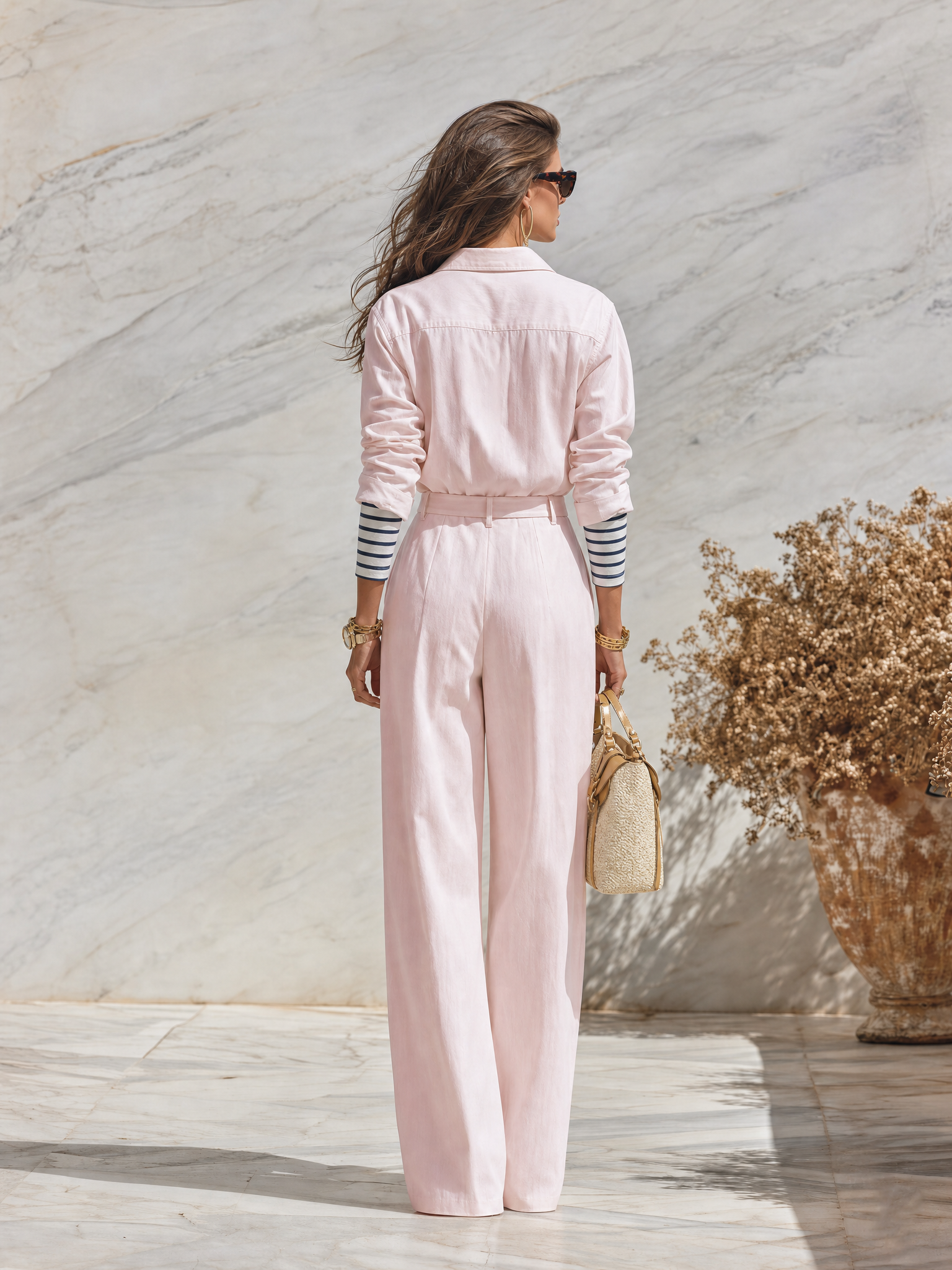 Resort-style Collared Long-sleeved Solid Color Jumpsuit