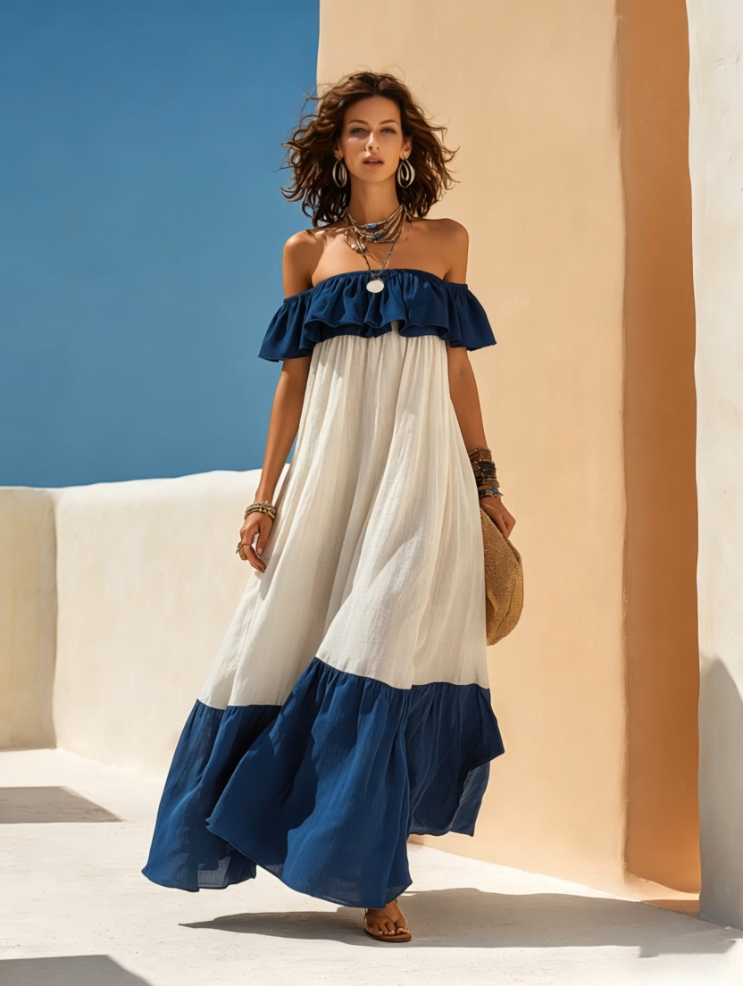 Vacation-Style White And Blue Off-the-Shoulder Short-Sleeve Maxi Dress
