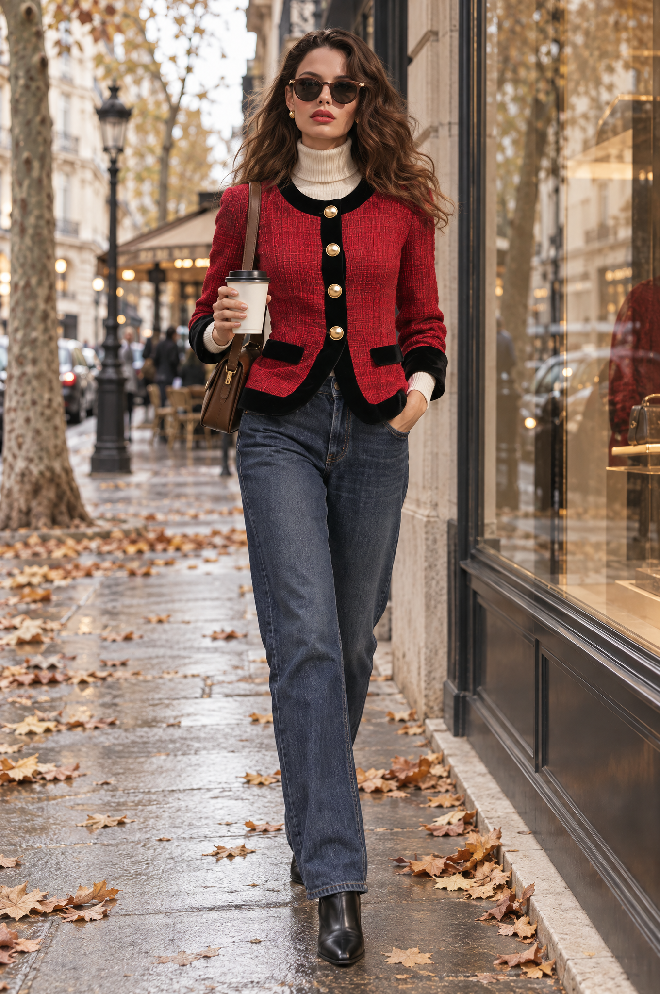 Retro-chic Black Velvet Trim Red Tweed Jacket