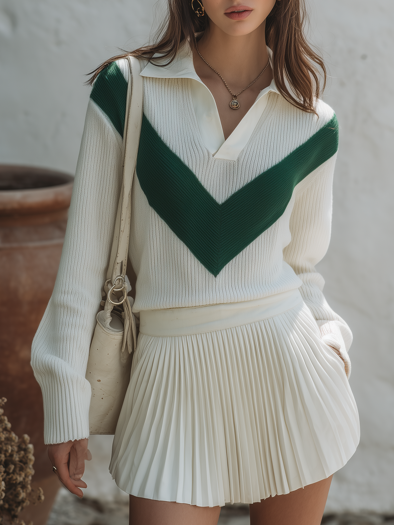 Old Money Resort Vibe Off‑White Green Chevron Knit Top Pleated SkIrt Two‑Piece Set