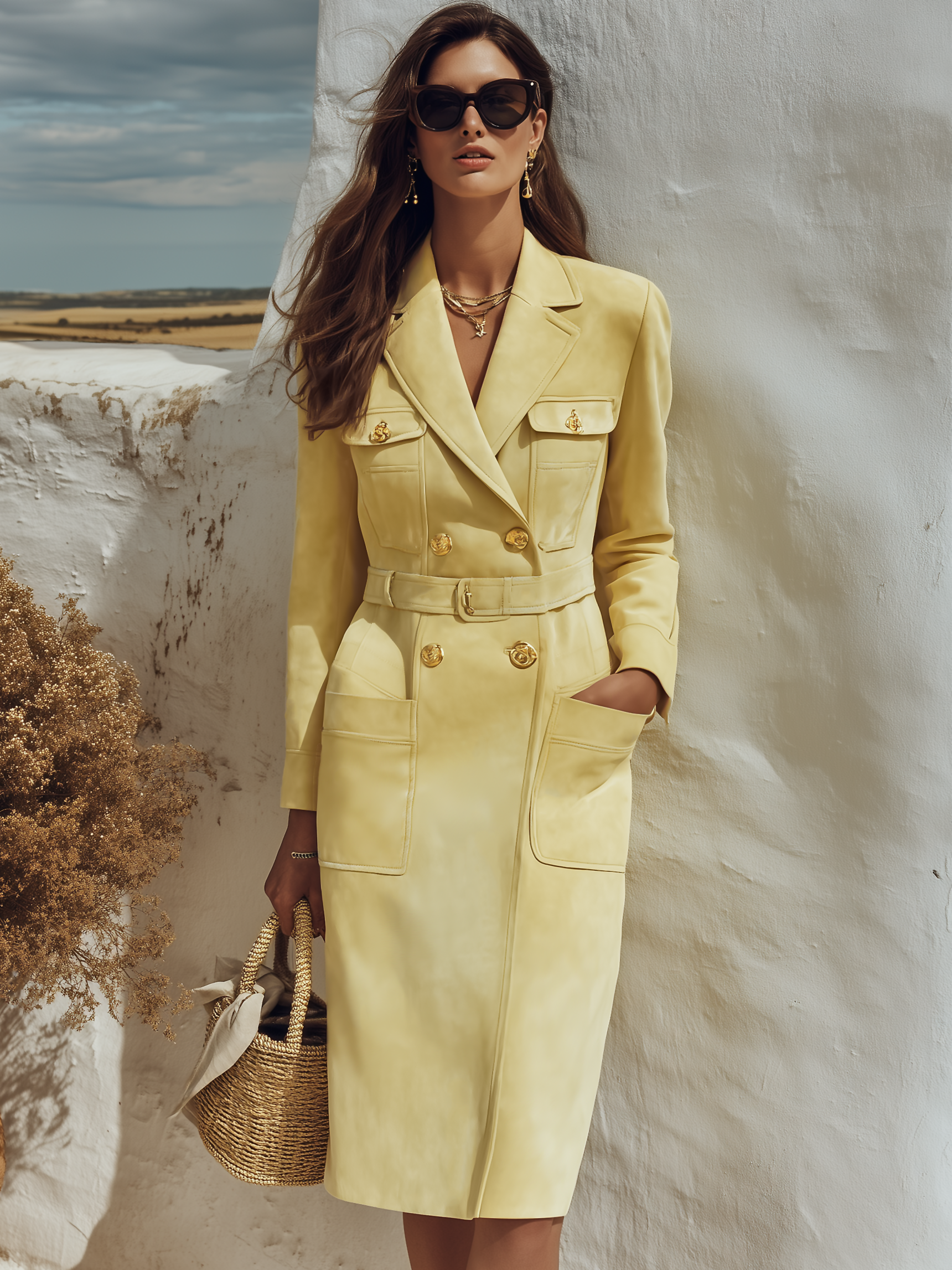 Old Money Safari Vibe Pale Yellow Faux Suede Belted Midi Trench Coat