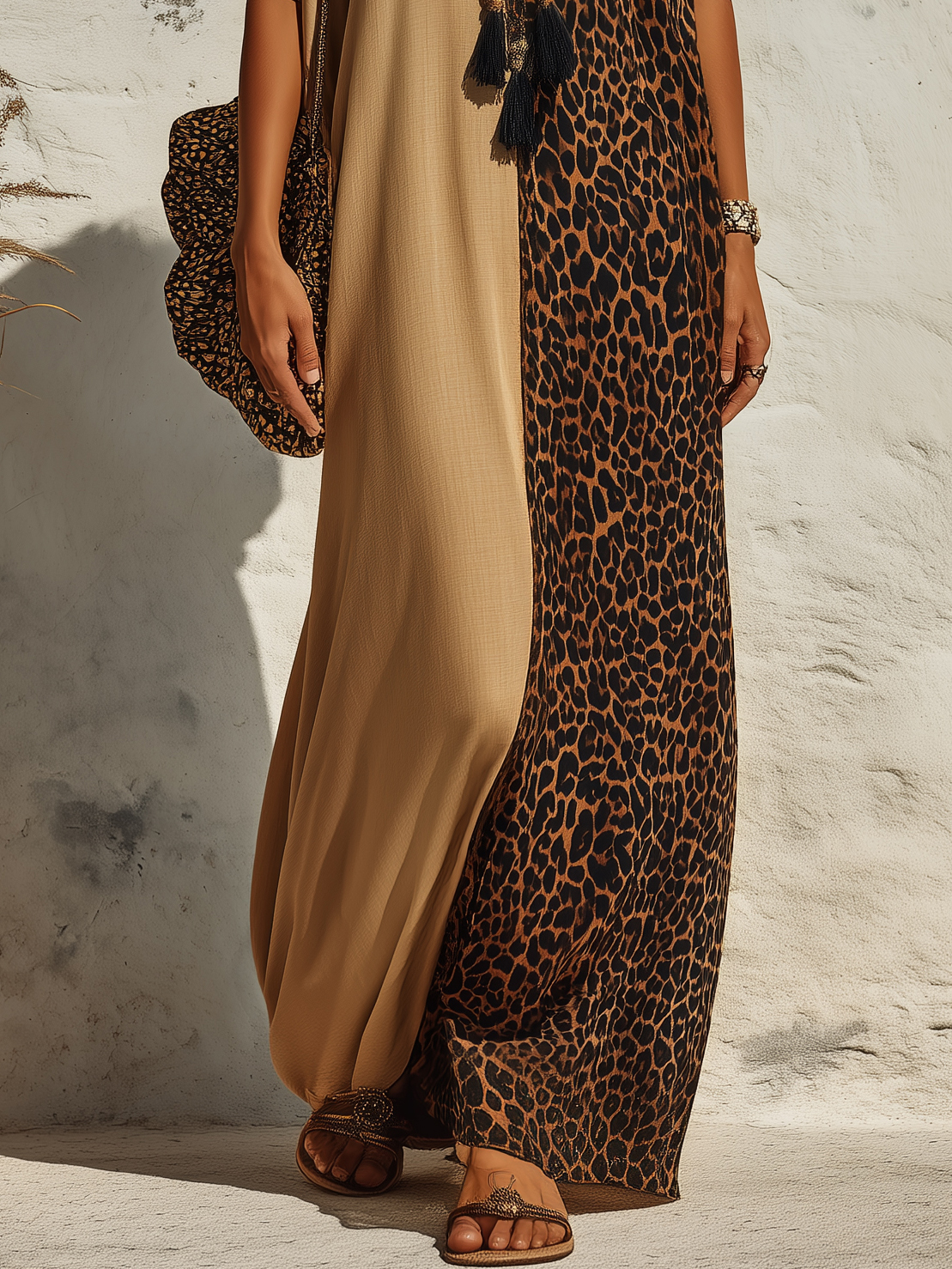 Desert Boho Resort Woven Solid Leopard Color Block V Neck Batwing Sleeve Maxi Dress