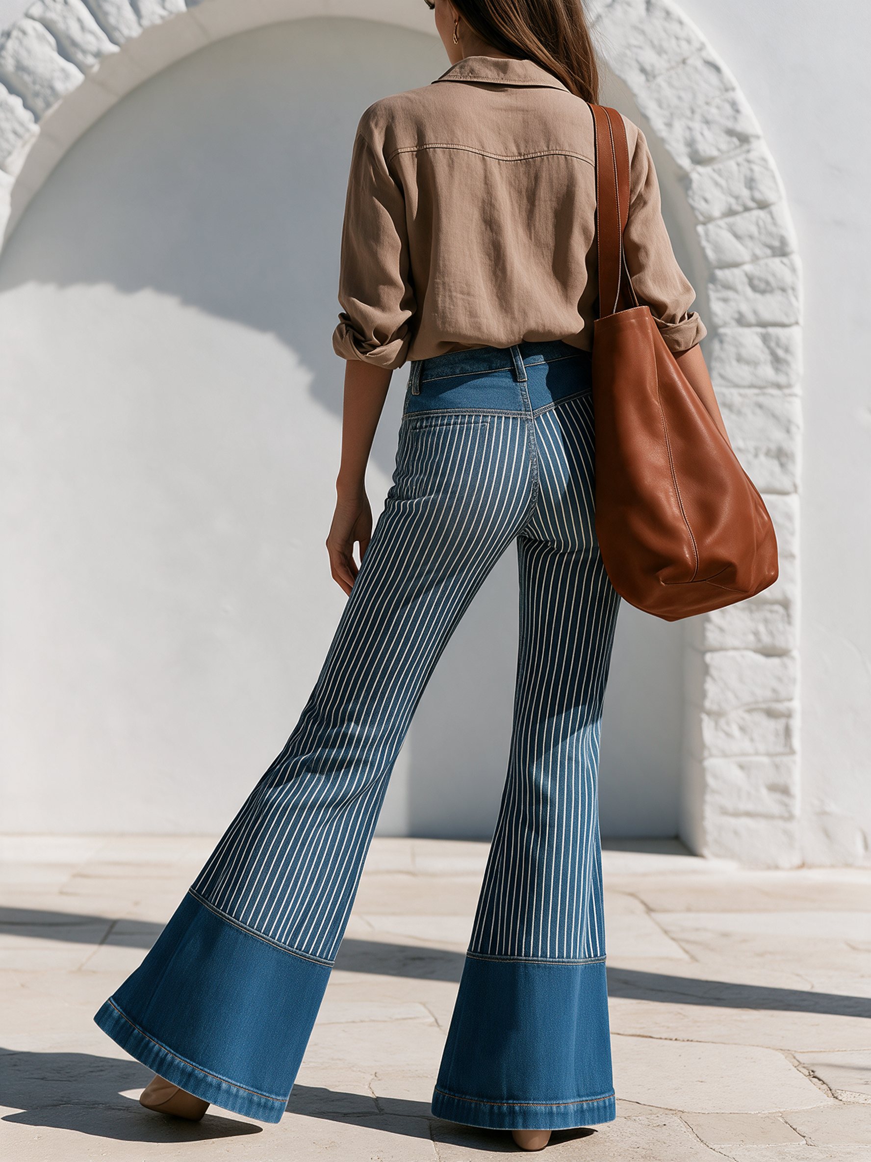 Stylish Retro Blue Striped Denim Flare Pants