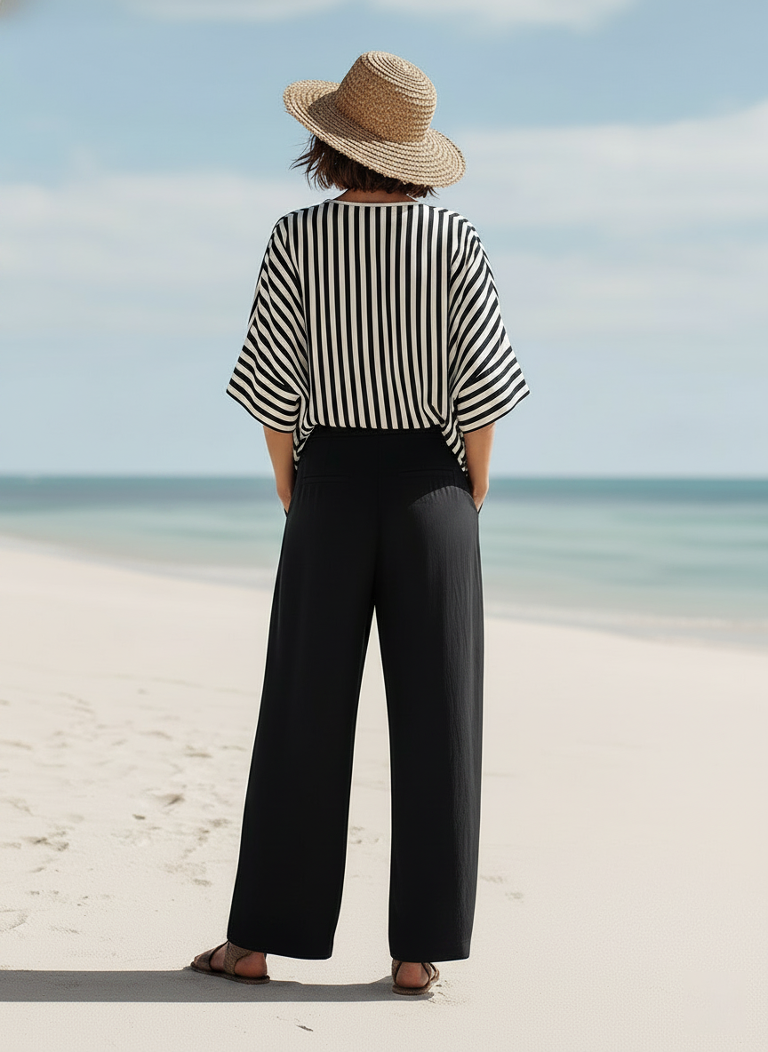 Resort-style Black And White Striped V-neck Top And Trousers Set