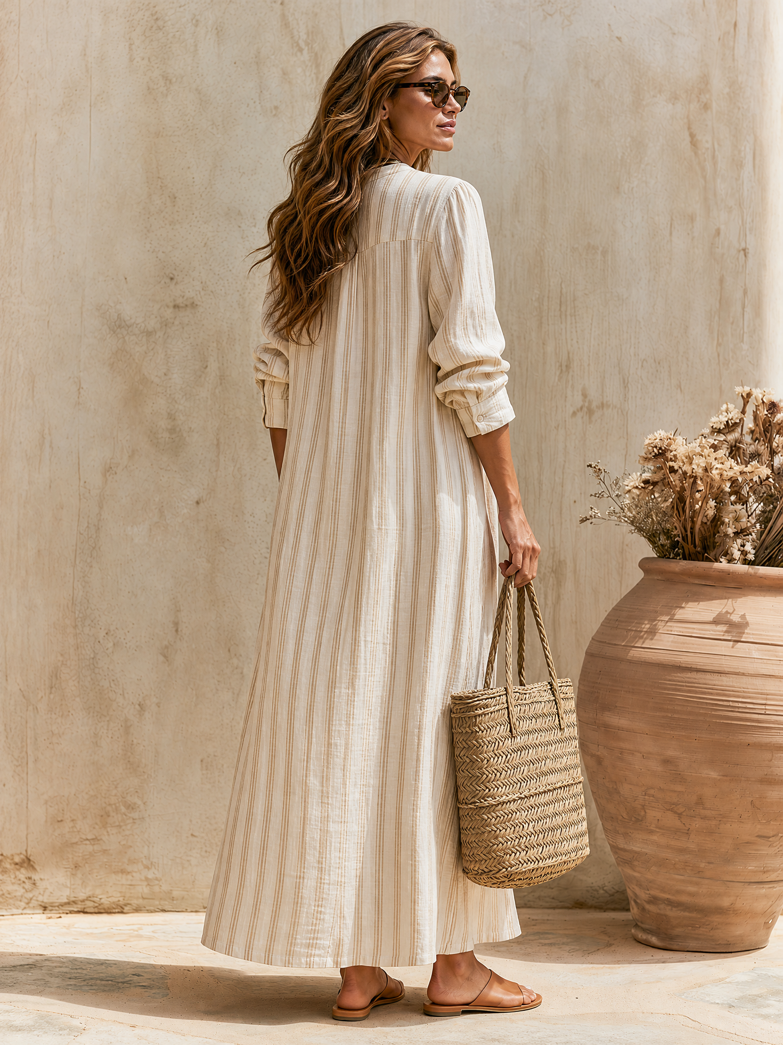 Old Money Vacation Striped Long-Sleeve V-Neck Cotton-Linen Maxi Dress