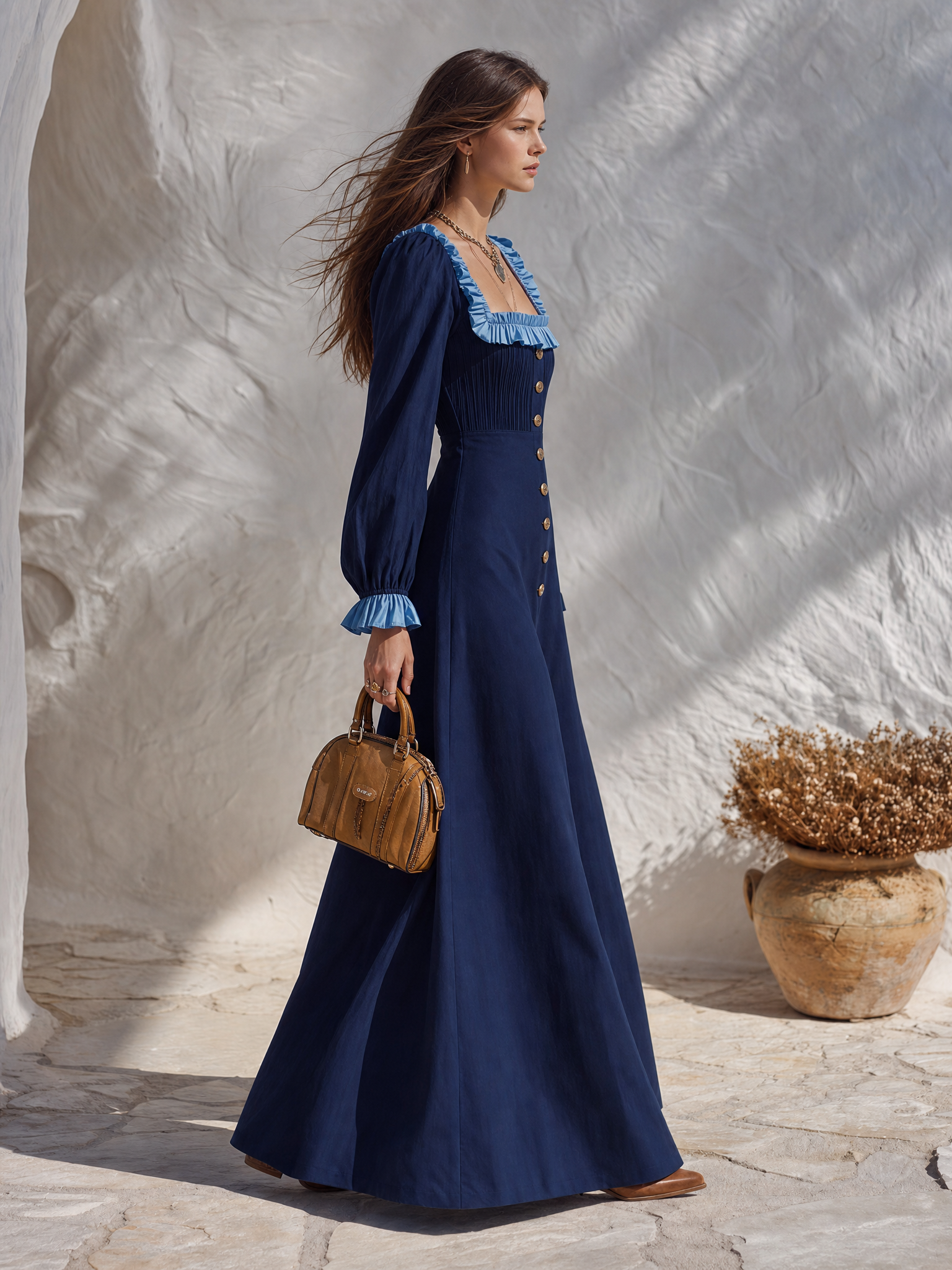 Resort-style Square Neckline Ruffled Long Sleeves Pleated A-line Maxi Dress