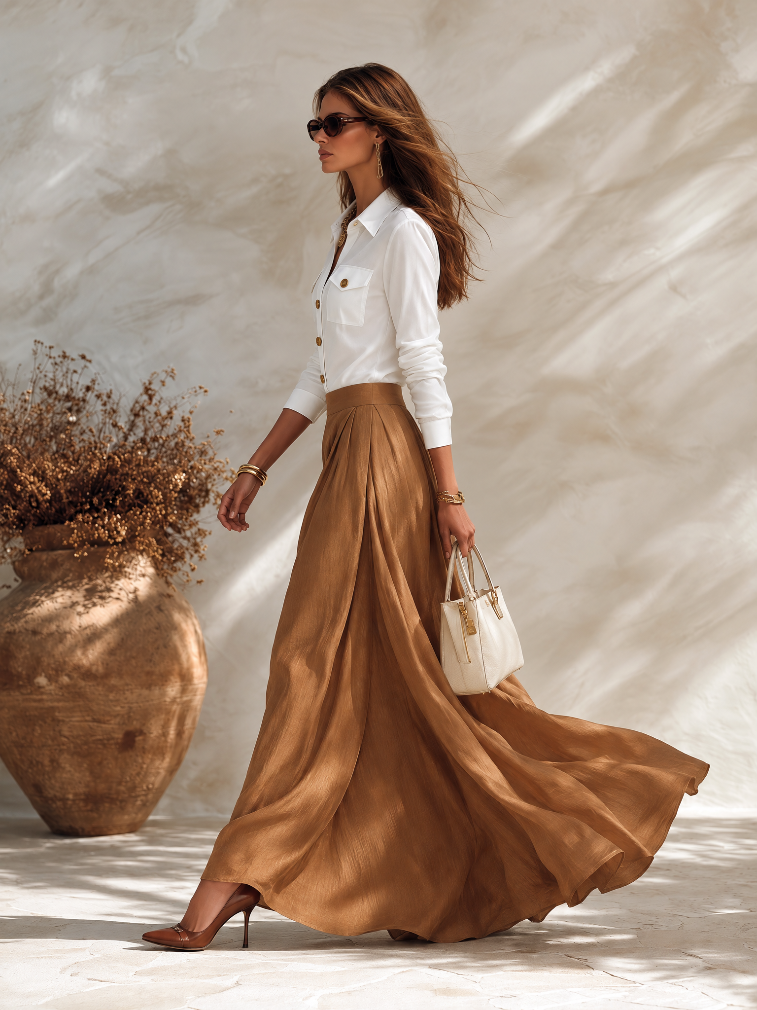 Resort-style Collared Long-sleeve Shirt And A-line Skirt Set