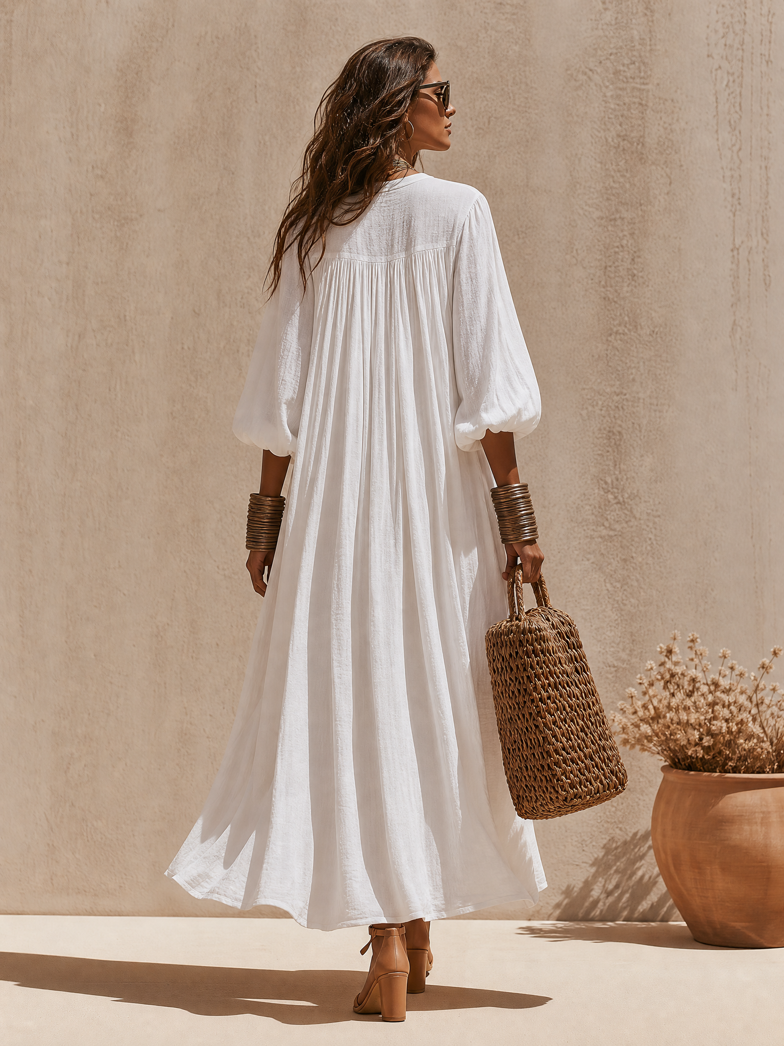 Old Money Green Embroidery Neckline White Cotton-Blend Maxi Dress