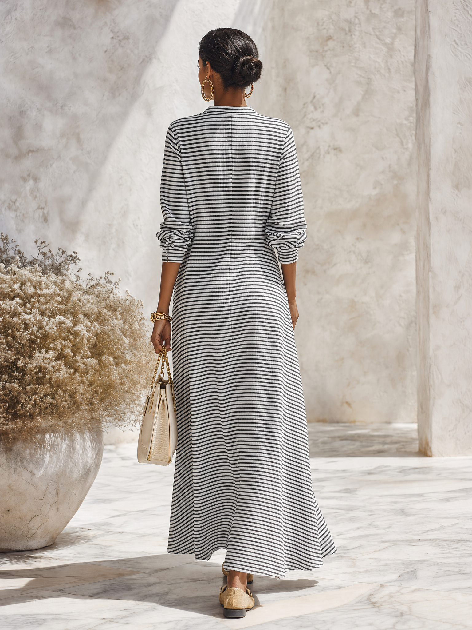 Resort-style Round Neck Long-sleeved Black And White Striped Maxi Dress