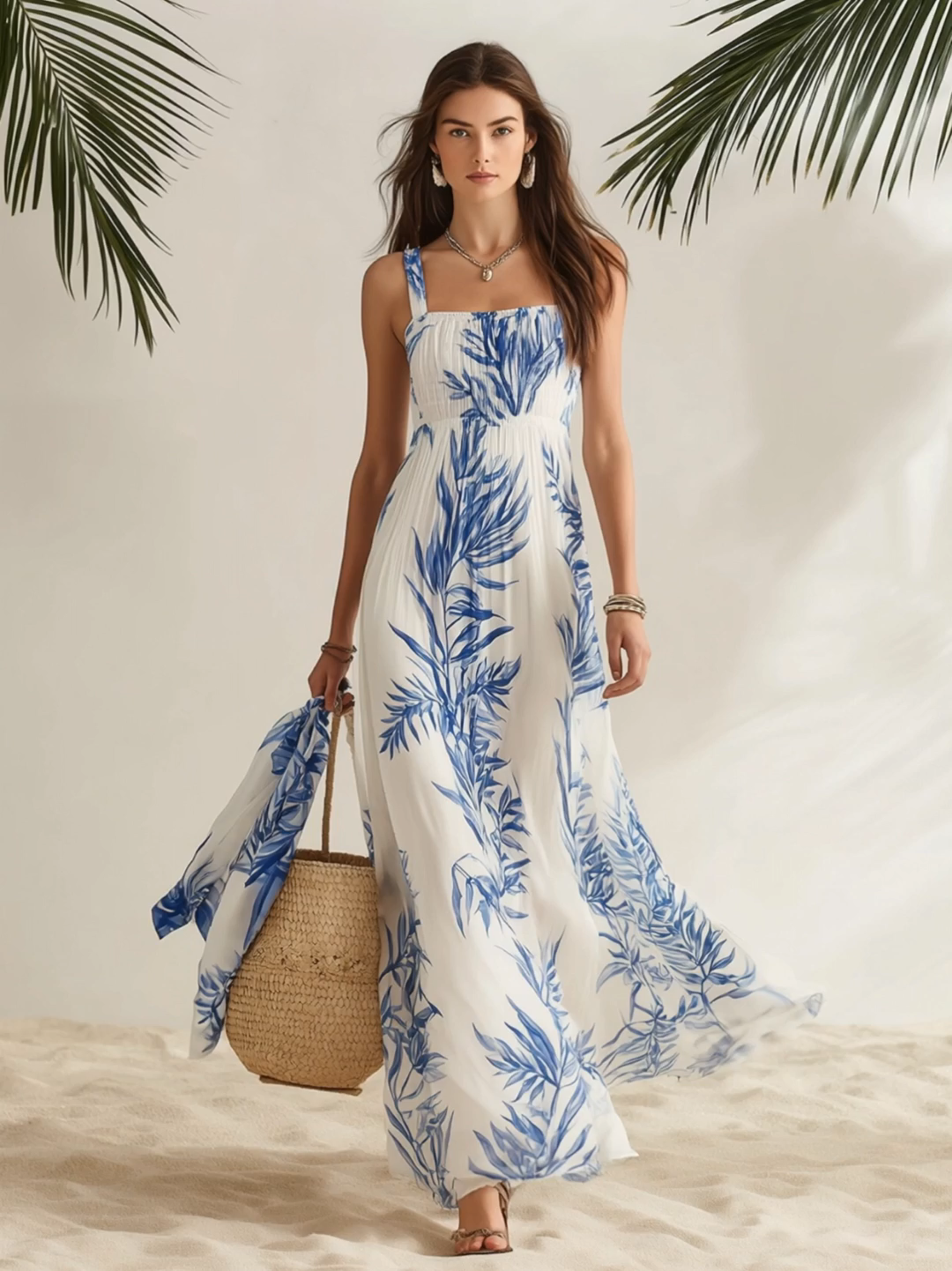 Resort-style Square Neck Sleeveless Printed Chiffon Maxi Dress