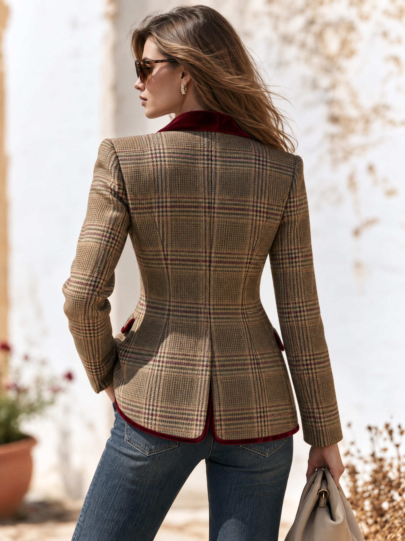 Retro Velvet Color-blocked Plaid Tweed Blazer