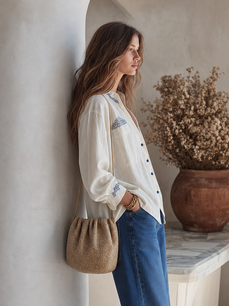 Resort-style V-neck Long-sleeve Embroidered Button-down Shirt