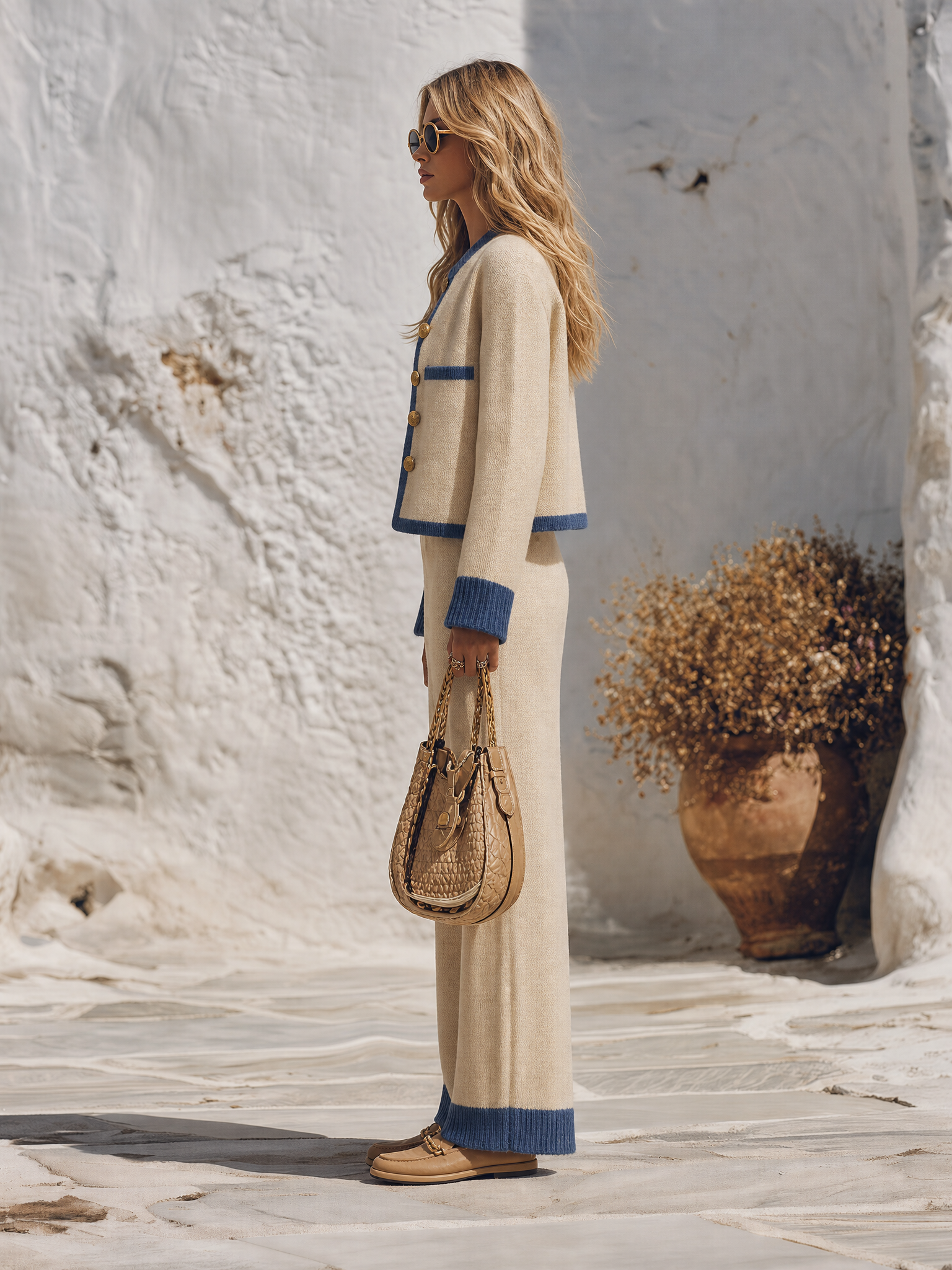 Resort-style Round Neck Long-sleeved Button-down Jacket And Trousers Set