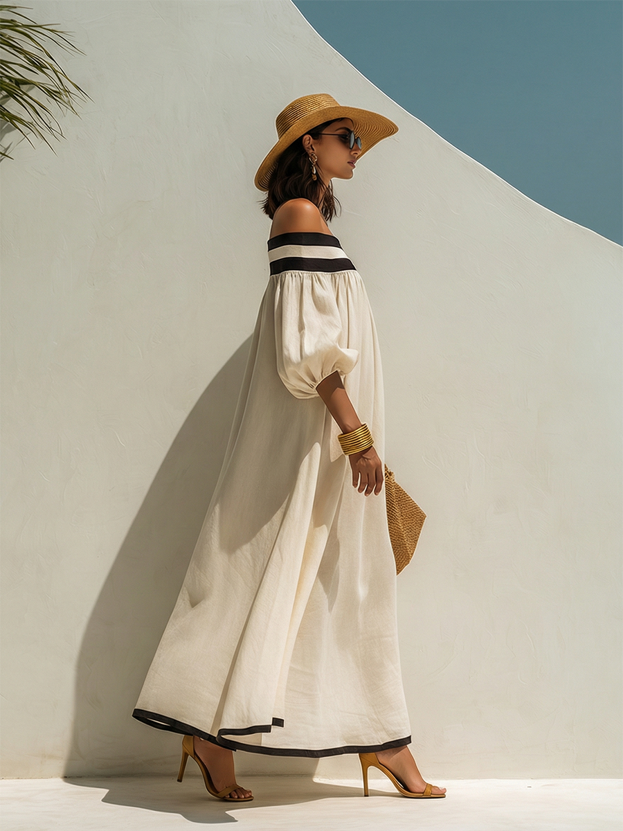 Loose-fitting Color-blocked Off-the-shoulder Beige Cotton-linen Maxi Dress