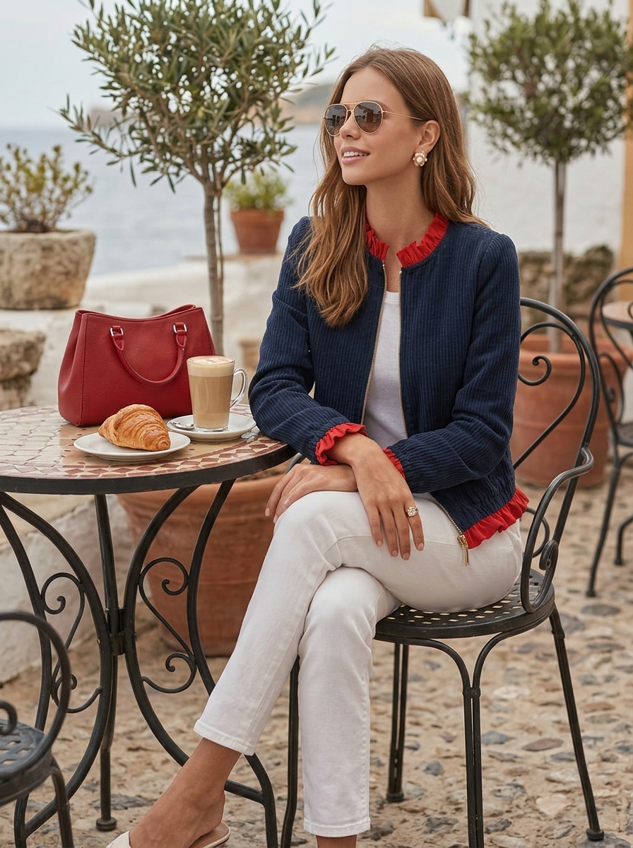 French Retro Vibe Navy Corduroy Red Ruffle Trim Cropped Jacket