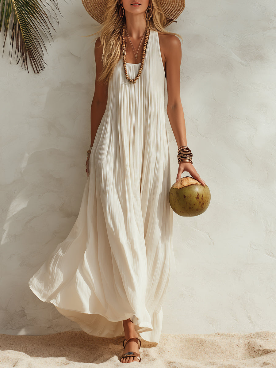 Elegant Coastal Resort Cream White Sleeveless Maxi Dress