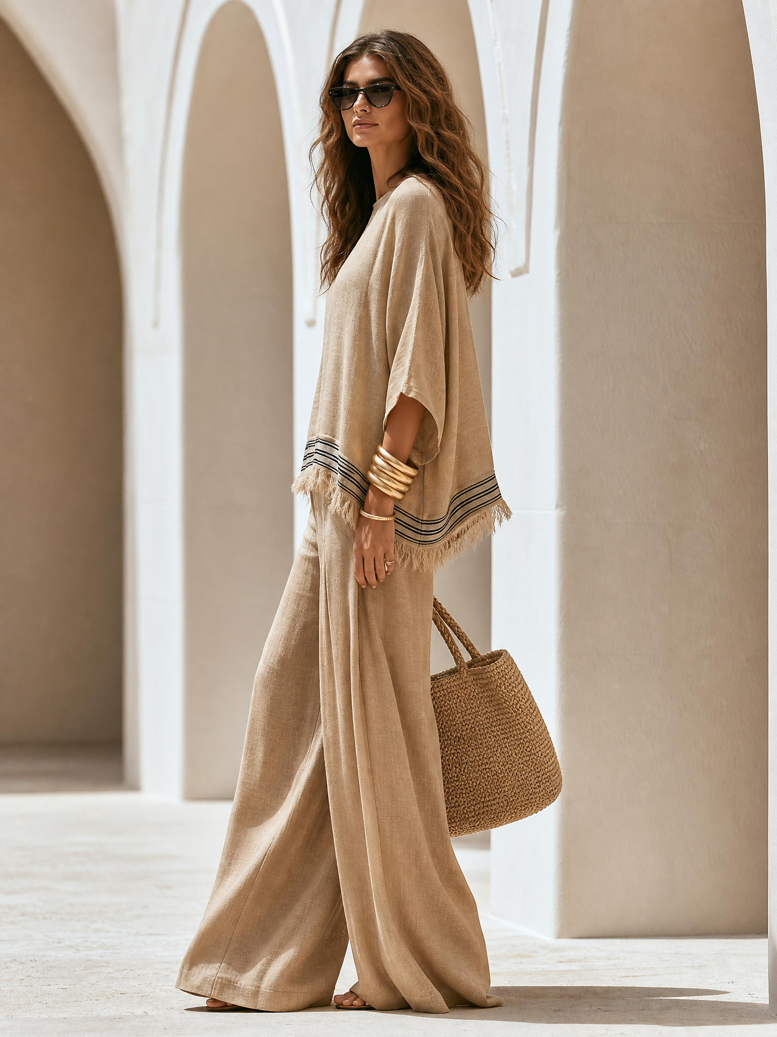 Old Money Vacation Beige Cotton-Linen Tassel Top And Wide-Leg Pants Set