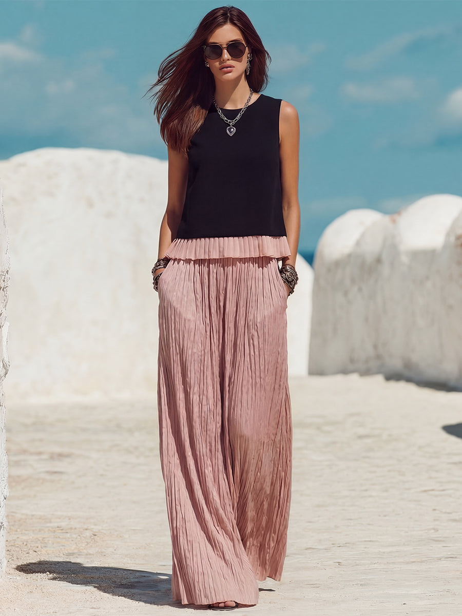 Casual Vacation Style Black Patchwork Pink Ruffled Sleeveless Top And Pink Ruffled Trousers Set