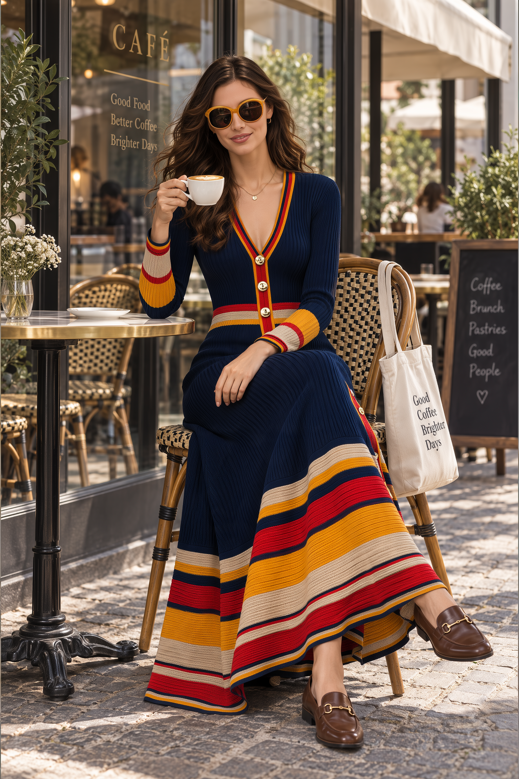 Retro-style Vacation V-neck Colorful Striped Hem Dark Blue Knit Maxi Dress