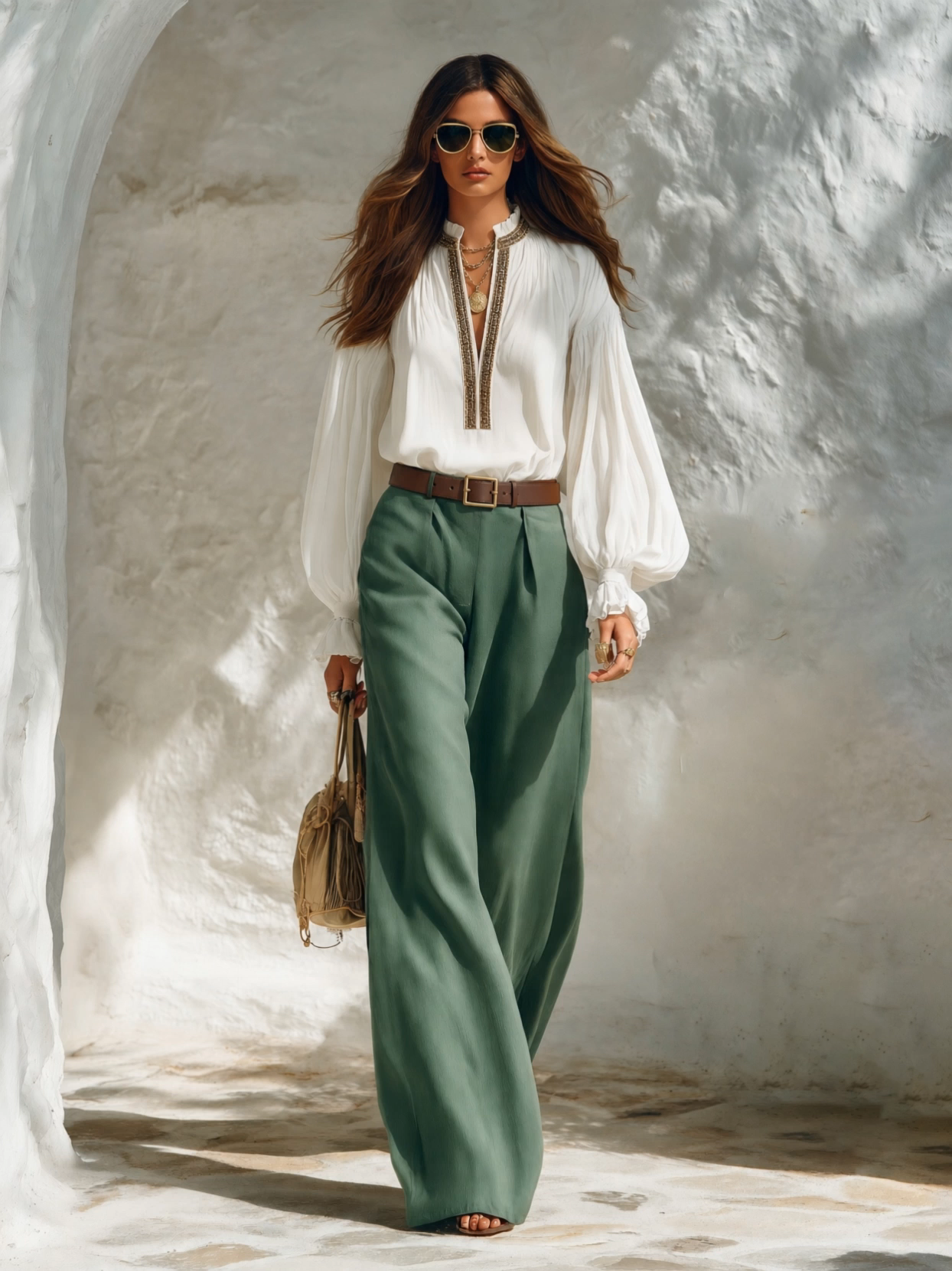 Resort-style V-neck Lantern-sleeve Top And Trousers Set