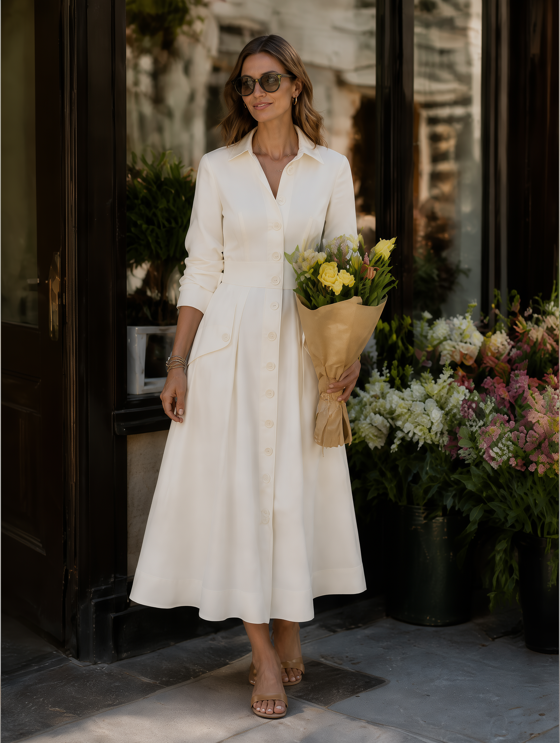 Elegant Long Sleeve Button-Up Pleated A-Line Maxi Dress
