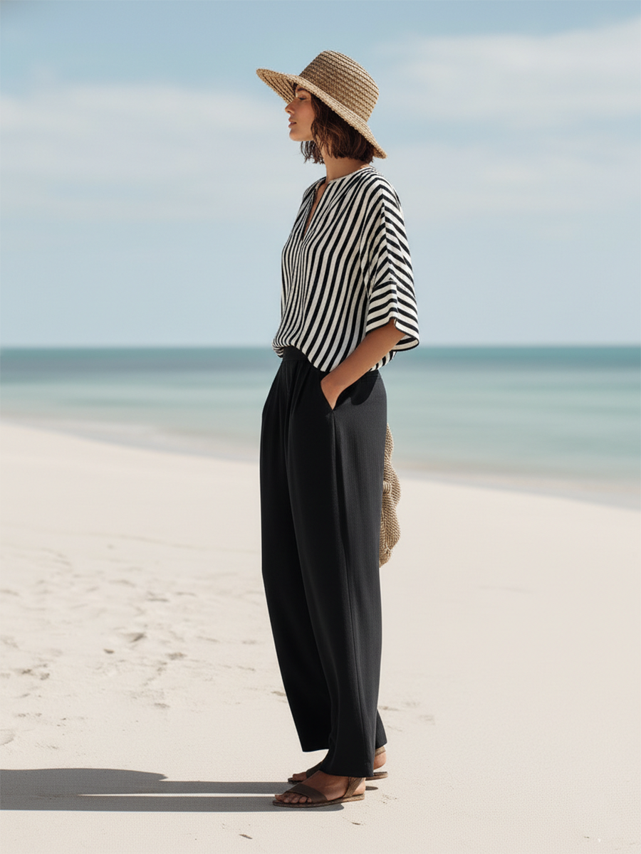 Resort-style Black And White Striped V-neck Top And Trousers Set