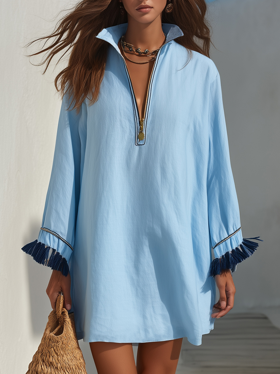 Boho Resort Light Linen Blend Stand Collar Zip Front Tassel Cuff Long Sleeve Loose Mini Shirt Dress