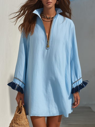 Boho Resort Light Linen Blend Stand Collar Zip Front Tassel Cuff Long Sleeve Loose Mini Shirt Dress