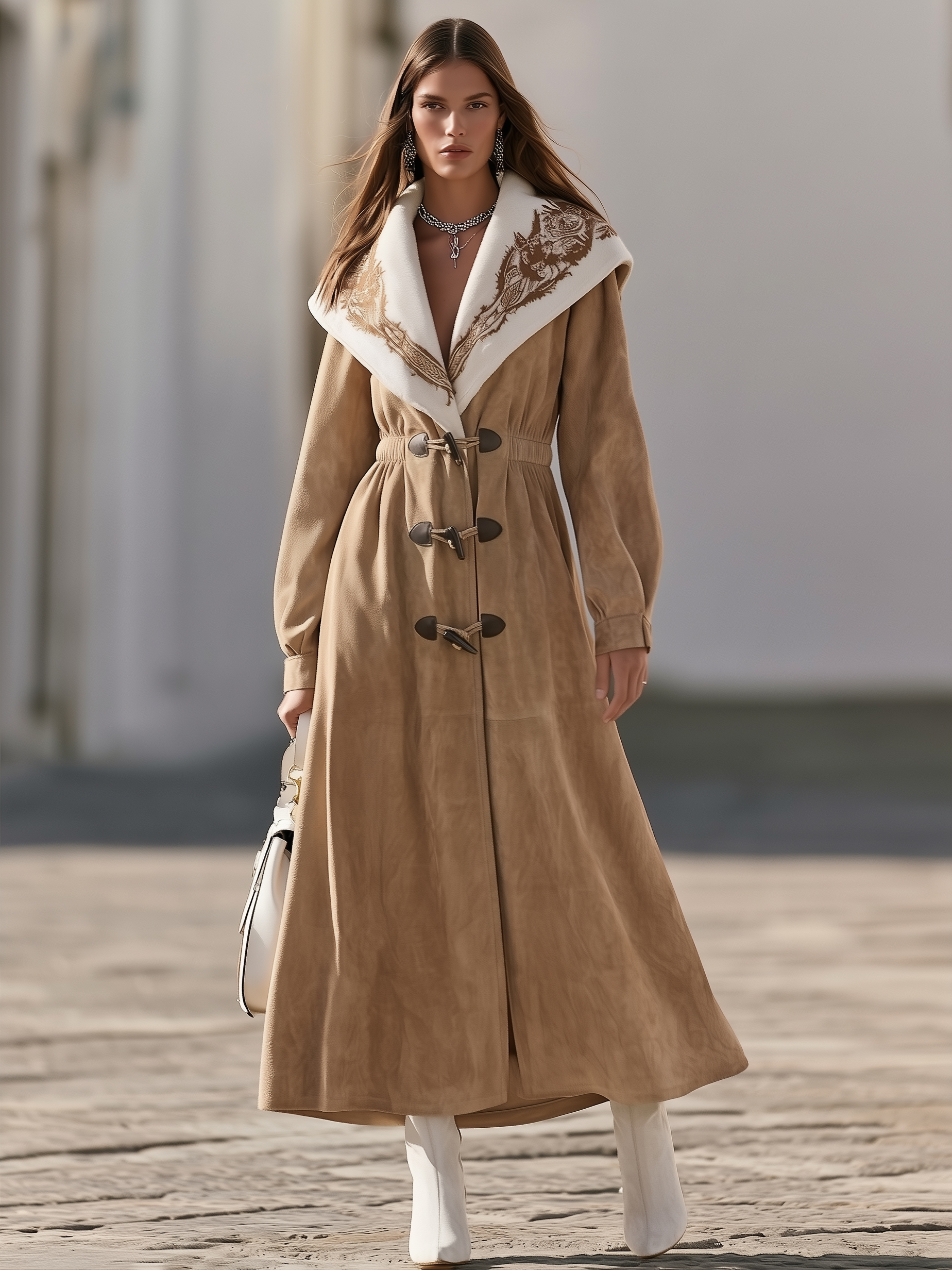 Nomadic Style Camel Embroidered Collar Buckle Front Long Faux Suede Coat