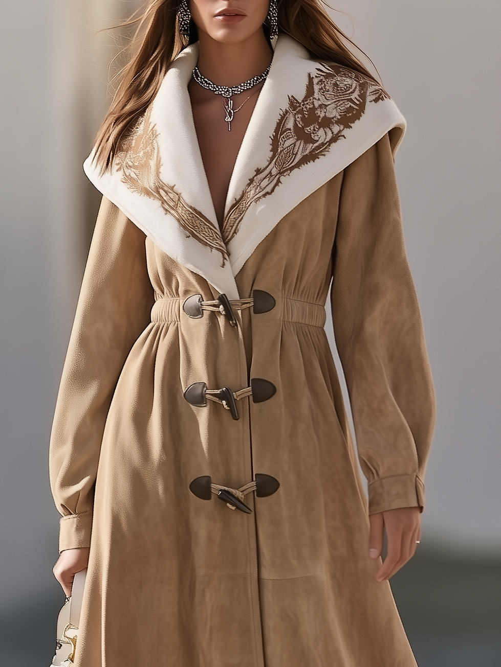 Nomadic Style Camel Embroidered Collar Buckle Front Long Faux Suede Coat