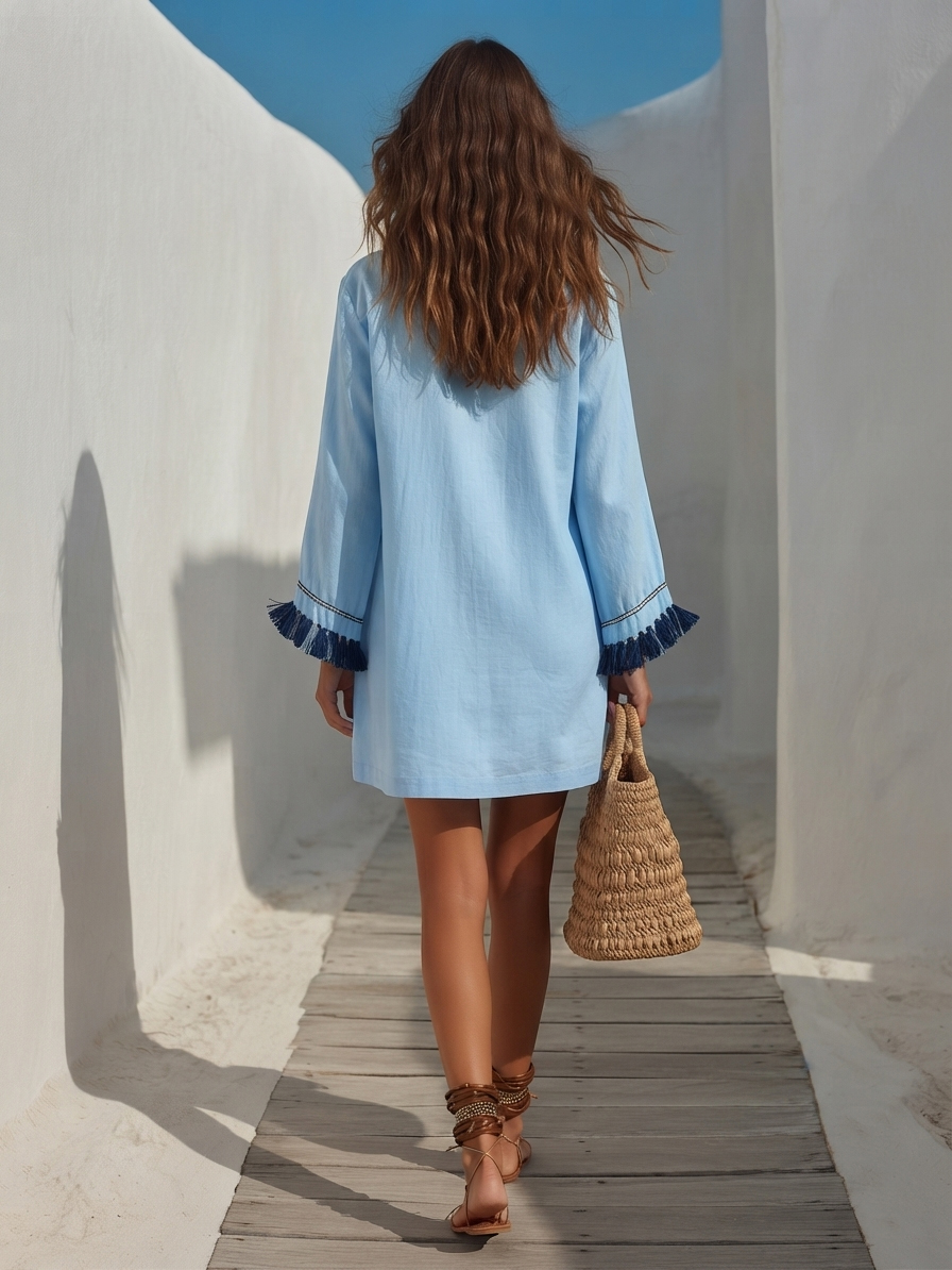 Boho Resort Light Linen Blend Stand Collar Zip Front Tassel Cuff Long Sleeve Loose Mini Shirt Dress