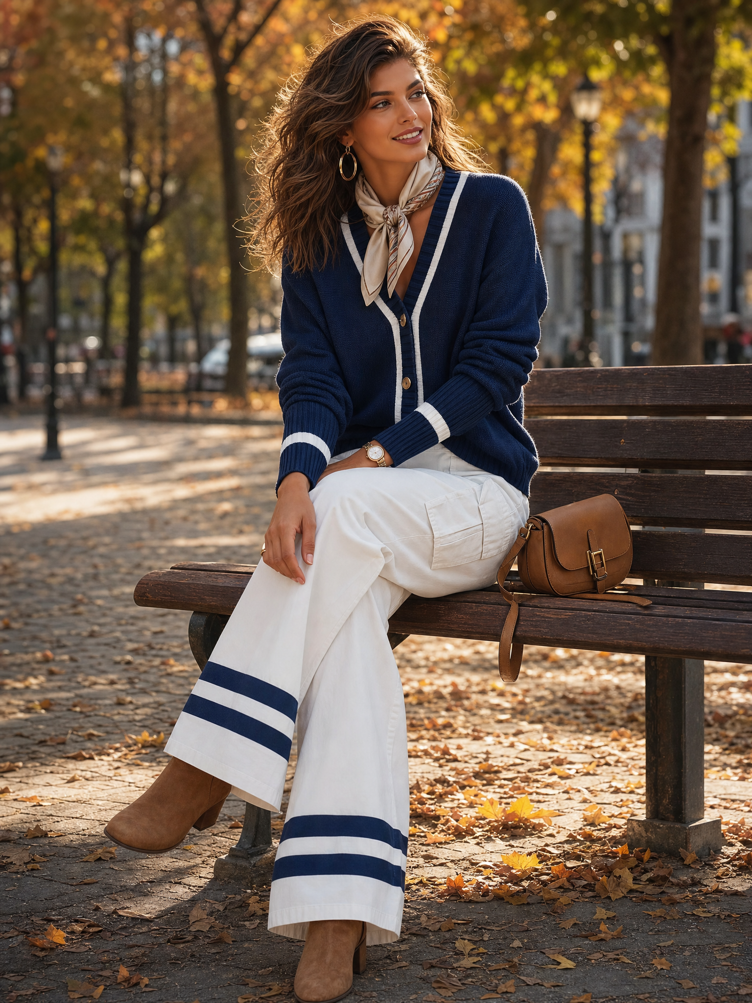 Vacation Retro Multi-Pocket Color-Blocked Striped Wide-Leg Pants